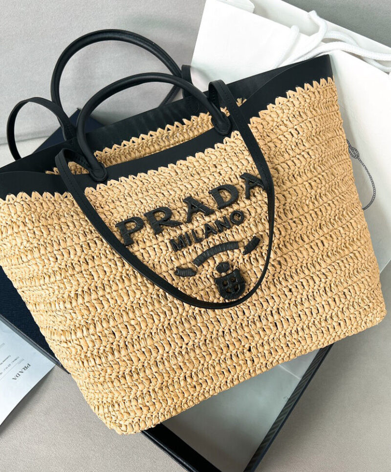 Prada Medium Crochet And Leather Tote Bag 1BG499 Apricot